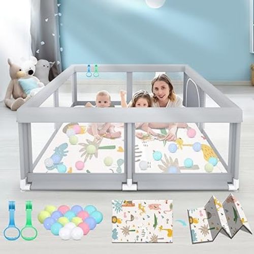 50" ×50" Baby Playpen with Mat, Baby Playard for Babies and Toddlers, Play Pens for Indoor & Outdoor, Sturdy Safety Play Yard with Soft Breathable Mesh, Anti-Fall, Ball x 18, Handle x 2, Grey