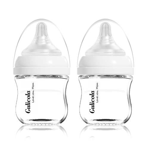 Gulicola Natural Glass Baby Bottles Set - 3 oz & 5 oz, Slow Flow Nipples