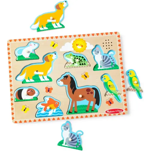 Melissa & Doug Zoo Pet Animals Sound Puzzle – 8-Piece Wooden Peg Puzzle with Light-Activated Sounds, Music Learning Toy for Toddlers and Preschoolers Ages 2+