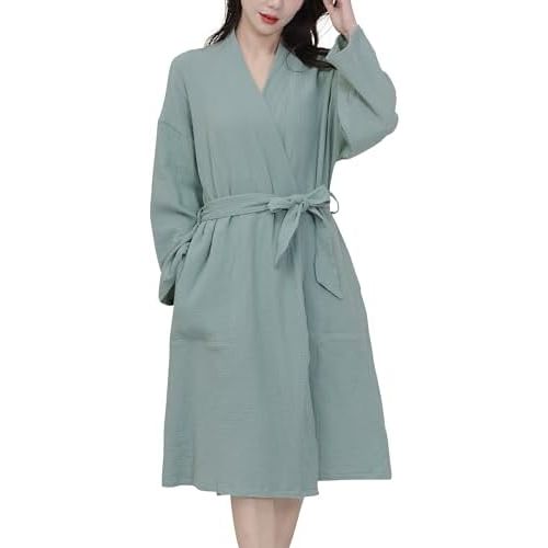 Women's Organic Cotton Bathrobe Long Sleeve Lightweight Waist-Tie Bath Robe for Home Spa Beach Wear