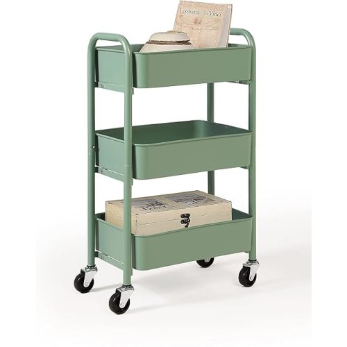 SunnyPoint 3-Tier Delicate Compact Rolling Metal Storage Organizer - Mobile Utility Cart Kitchen/Under Desk Cart with Caster Wheels - Turq (15.35" X 10.24" X 26.8"H)