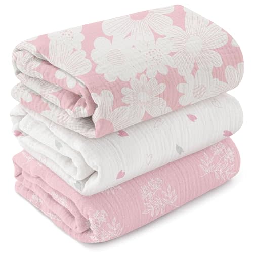 GLLQUEN BABY Muslin Swaddle Blankets for Newborn Girls, Large 40''x38'' | 3Pk, 100% cotton, ultra soft and breathable, gentle on sensitive newborn skin, Multi-use as swaddle wrap, receiving blankets