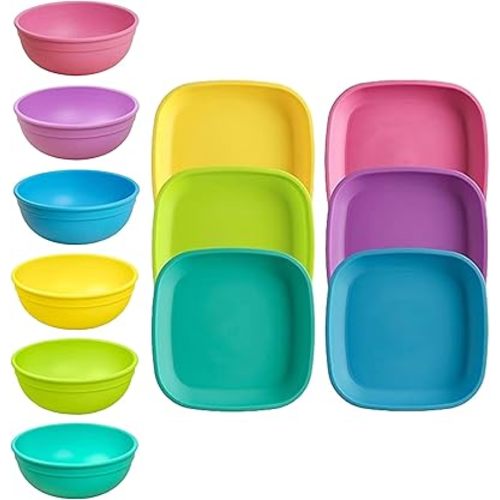 Re-Play Dinnerware Set for Toddlers – 6 Flat Plates and 6 Reusable Plastic Bowls – Dishwasher/Microwave Safe – Made in USA – Sorbet