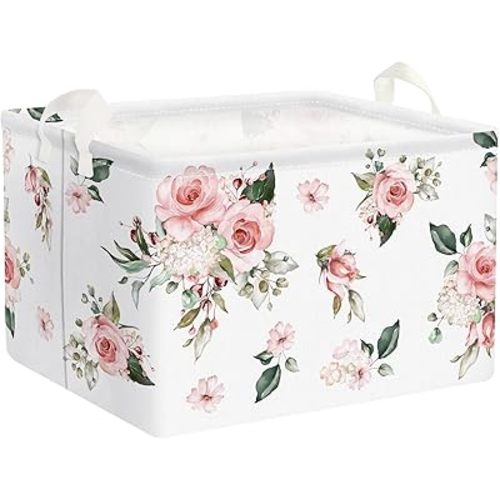 Clastyle Pink Floral Girl Gift Basket Empty Rectangle Flower Roses Storage Basket Baby Clothes Toy Books Shelf Basket, 21L