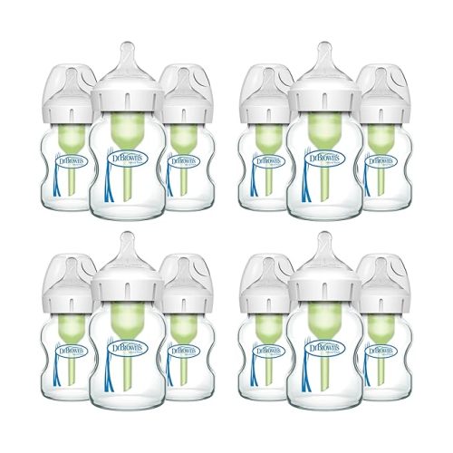 Dr. Brown's Natural Flow Anti-Colic Options+ Wide-Neck Glass Baby Bottles 9 oz/270 mL, with Level 1 Slow Flow Nipple, 3 Pack, 0m+