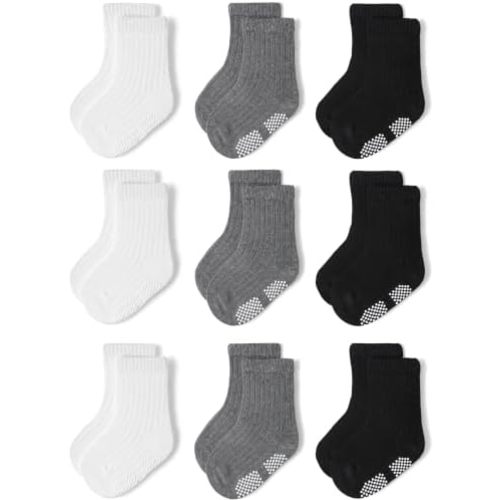 Baby Toddler Crew Socks, Non Slip Sole Combed Cotton for Boy Girl 9 Pairs