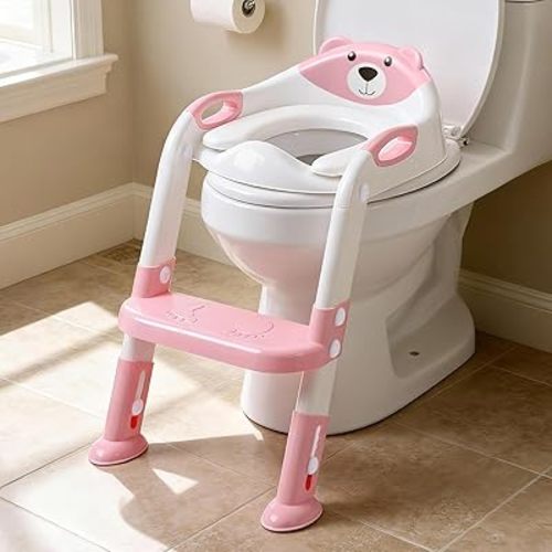 Potty Training Seat with Step Stool Ladder, SKYROKU Potty Training Toilet for Kids Boys Girls Toddlers - Comfortable Safe Potty Seat with Anti-Slip Pads Ladder （8838-Pink）