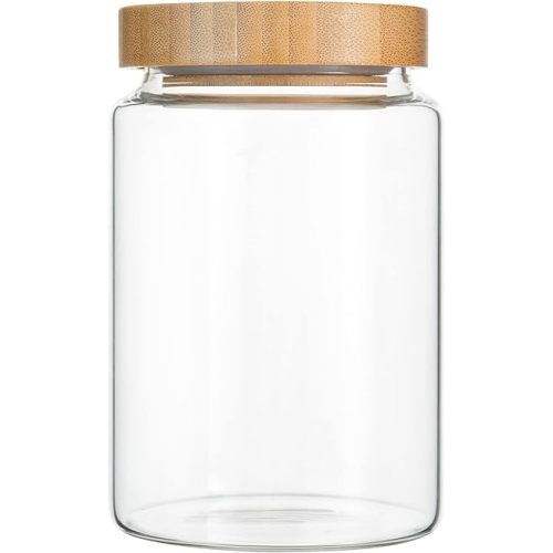 900ML/30Oz Clear Cute Glass Storage Canister Holder with Airtight Bamboo Lid, Modern Decorative Medium Container Jar for Coffee, Spice, Candy, Salt, Cookie, Condiment, Pepper, Sugar