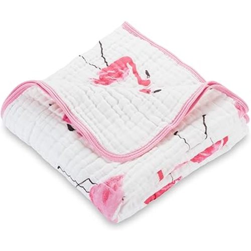 LollyBanks Muslin Baby Blanket 100% Cotton, Soft and Breathable Muslin Quilt 47 x 47 Inches Toddler Blanket for Girls, 6 Layers Baby Blanket, Lightweight Baby Receiving Blankets (Flamingo Print)