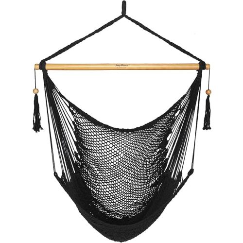 JoyView Hammock Chair with Spreader Bar Caribbean Hammock Swing Chair 300 LBS Weight Capacity XL Rope Hanging Chair for Outdoor Indoor Garden Yard - Black