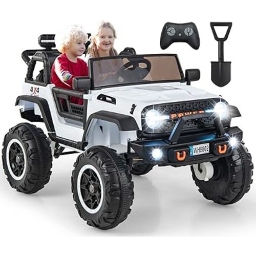 OLAKIDS 24V Ride On Car, 2WD/4WD Switchable 2 Seater Kids' Electric Vehicle Jeep Truck with 20" Wide Seat, 4X550W Power Wheels, Remote Control, Soft Brake, LED Light, Music (Ivory)
