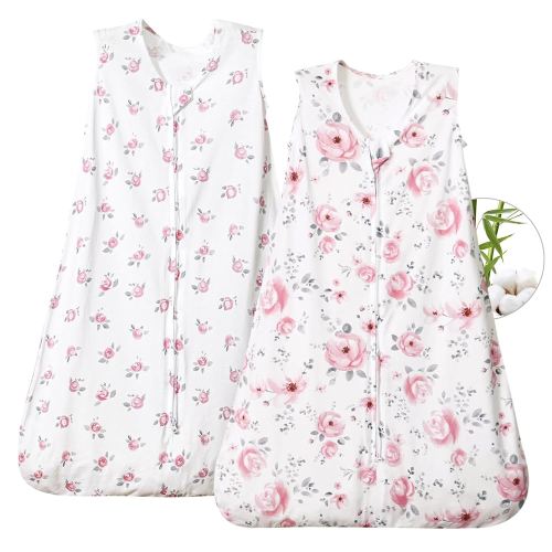 PHF 70% Rayon Derived from Bamboo and 30% Cotton Baby Sleep Sacks 0-6 Months, Baby Sleeping Bag with 2-Way Zipper, 2 Pack 0.5 TOG Soft and Breathable Wearable Blanket for Baby Girls Small Size, Floral
