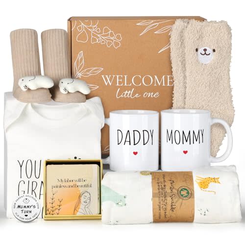 New Mom Gifts for Women, 9pcs Pregnancy Gifts for Expecting Mom, Cute Baby Gifts New Parents Gifts for Couples w/Mom and Dad Mugs for Gender Reveal Baby Shower First Time Mom to be Gifts(Khaki)