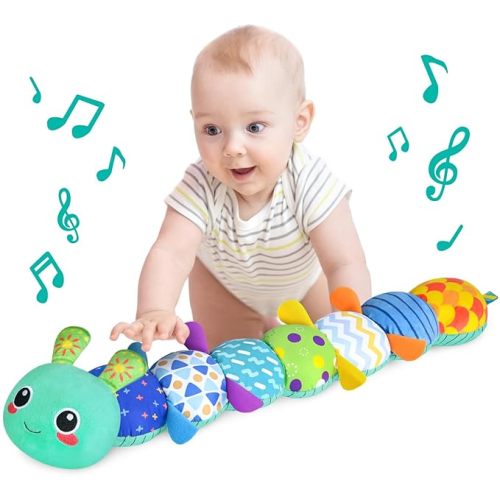 Baby Sensory Caterpillar Toys for 0-6 6-12 Months | Soft Plush Activity Toy with Crinkle, Rattle & Gentle Music, Tummy Time Toy for Infant Newborn, Baby Boys and Girls Gifts