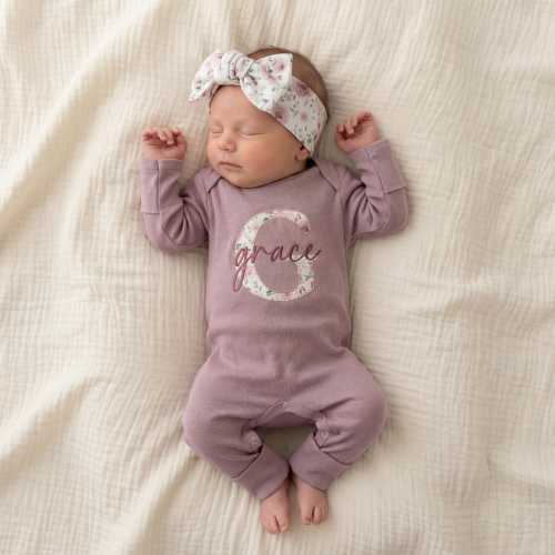 Newborn Baby Girl Coming Home Outfit Mauve Floral Embroidered Romper Personalized Baby Shower Gift