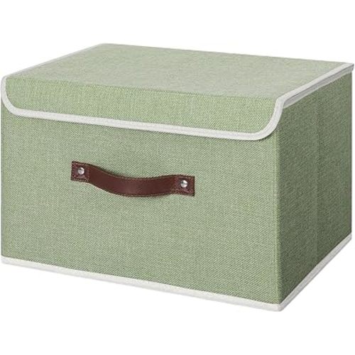 Storage Bin with Lid Storage Boxes with PU Leather Handles PP Plastic Board Decorative Foldable Lidded Cotton Linen Fabric Home Cubes Baskets Closet Organizer Container - Green, Large Size
