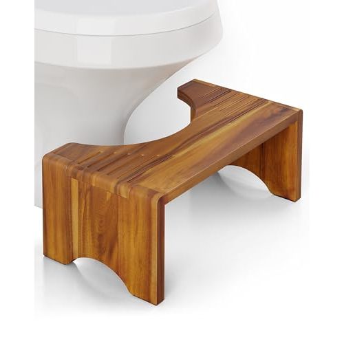 Foldable Toilet Stool, Acacia Wood Poop Stool for Potty Training, 7 Inch Wooden Bathroom Aid for Comfortable Posture, Non-Slip Grooved Design for Adults or Seniors