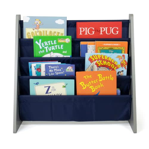 Humble Crew Kids Bookshelf, Montessori Front Facing Toddler Bookcase 4 Tier | Book display rack and reading nook organizer, nylon pockets show covers face out, compact for any playroom or bedroom space