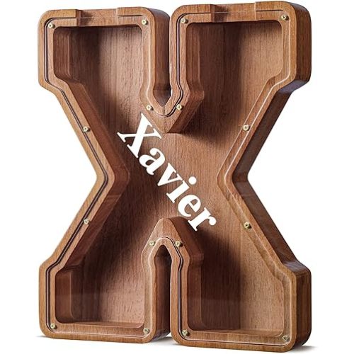 Summidate Customized Name Extra Large Wooden Piggy Bank for Kids Boys Girls Alphabets Letter A-Z Coins Bills Money Change Saving Box Clear Cover (Laser Engraved) Educational Toys 12"- Letter X