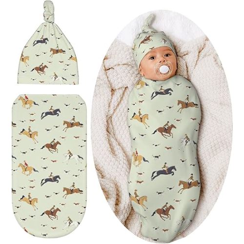 Horse Baby Stuff Newborn Baby Swaddle Blanket Wrap Blanket Soft Sleep Sacks with Beanie Hat Sets Gifts for Infant Boys Girls