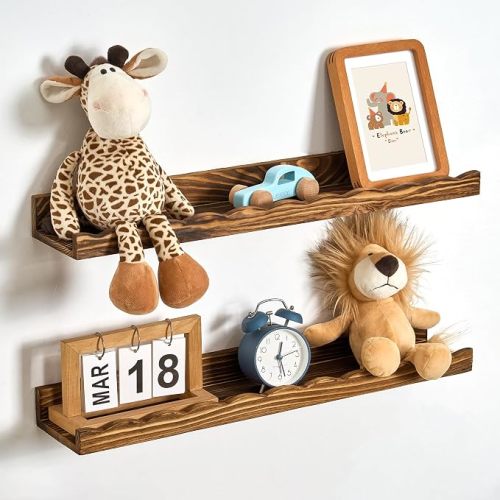 Picture Ledge Shelf for Wall, 24 inch Pine Wood Nursery Book Shelves Set of 2- Wall Book Shelves for Kids Room, Home Decor - Kitchen Spice-Carbonized