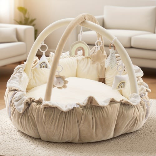 Temu | 5-in-1 Thick & Plush Baby Play Gym, Baby Play Mats for Floor, Tummy Time Mat with 6 Toys, Convertible Stage-Based Developmental From Baby to Toddler, Ball Pit, Pet Cushion Cloudico