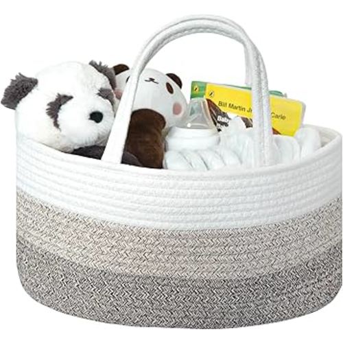 luxury little Diaper Caddy Organizer, Large Cotton Rope Nursery Baby Basket, Changing Table Organizer for Baby Diaper Storage, Portable Car Organizer Removable Divider (Gradient Brown, Large)