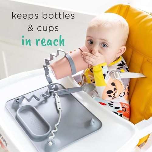Busy Baby Gift Set - Includes 1 Busy Baby Mat 1 - Bottle Bungee 1- Teething Spoon and 4 Universal Bungee Straps in a Gift Bag, Keeps Baby Essentials Within Reach (Pewter)