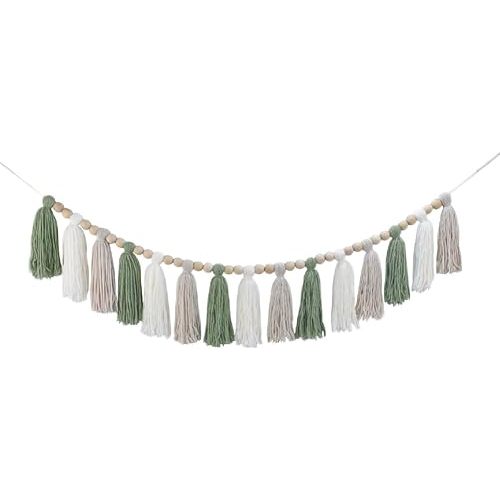 DrCor Sage Green & White Boho Tassel Garland – Handmade Yarn Banner for Nursery, Girls Bedroom, Baby Shower, Wedding Backdrop, Classroom Bulletin Board or Cozy Home Wall Decor