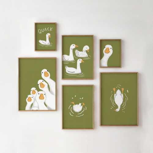 Sage Green Goose Wall Art Set of 6 – Farmhouse Nursery Decor, Kids Room Prints