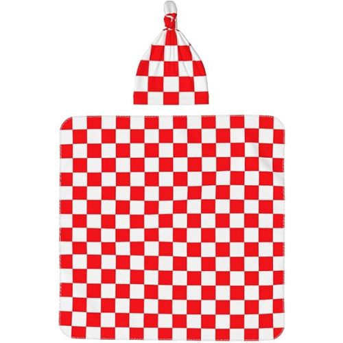 Red and White Checkered Baby Swaddle Blanket with Beanie Set, Newborn Receiving Blankets 35.4"X 35.4" Simple Style Pattern Soft Swaddle Wrap Baby Stuff for Infant Boy Girl Gift