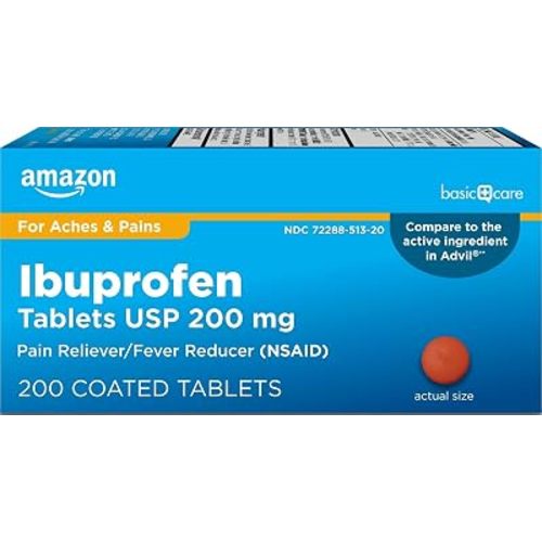 Amazon Basic Care Ibuprofen Tablets, Fever Reducer and Pain Relief from Body Aches, Headache, Arthritis Pain and More, Brown 200 Count