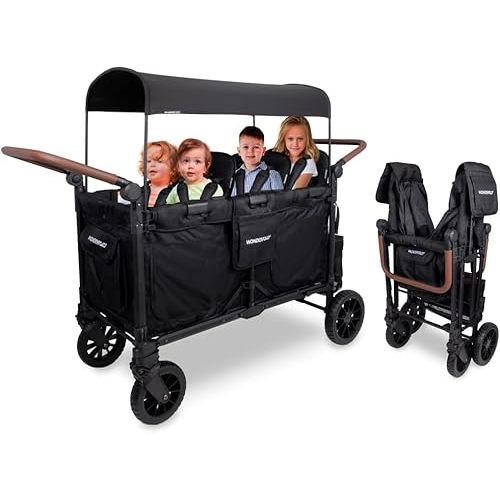 WONDERFOLD W6 Luxe Pro Stroller Wagon (6 Seater) - Collapsible Wagon Stroller with Seats Featuring 5-Point Safety Harnesses and Adjustable Sun Canopy, Jet Black