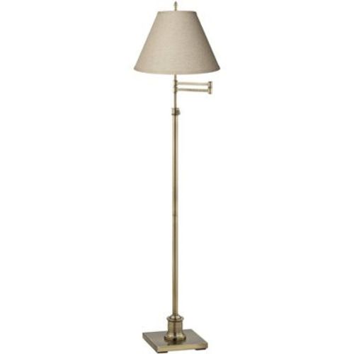 360 Lighting Swing Arm Floor Lamp 70" Tall Antique Brass Fine Burlap Cotton Blend Fabric Empire Shade for Living Room Reading Office