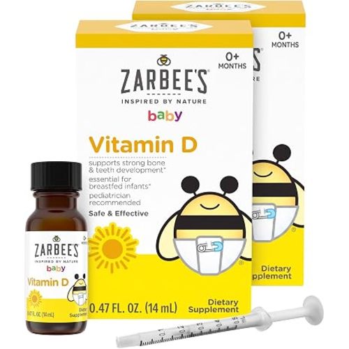 Zarbee's Vitamin D Drops for Infants,400IU (10mcg) Baby & Toddler Liquid Supplement,Newborn & Up,Dropper Syringe Included,0.47 Fl Oz,(Pack of 2)