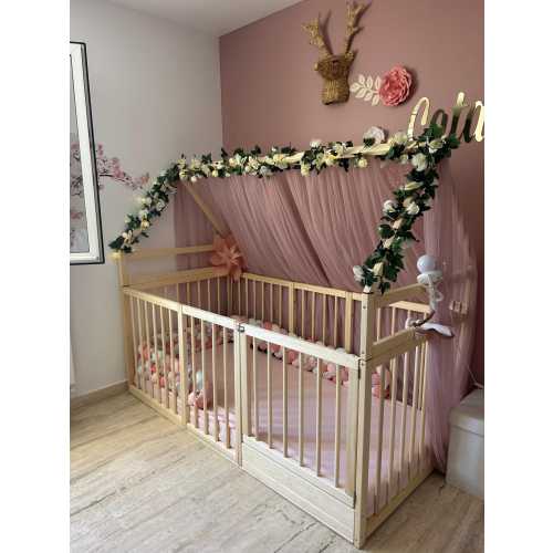 Montessori Floor House Bed with Fence And Gate | Wooden Toddler Playpen Bed | Low Playhouse Crib | Nursery Furniture