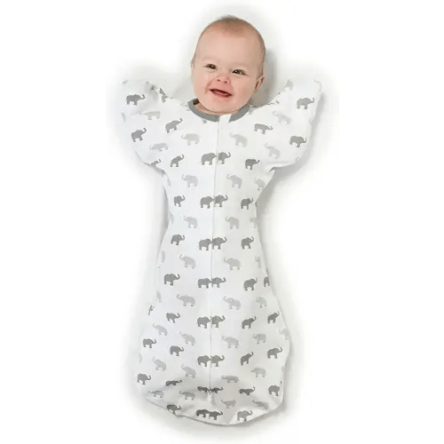 Amazing Baby Transitional Swaddle Sack with Arms Up Half-Length Sleeves and Mitten Cuffs, Tiny Elephants, Sterling, Medium, 3-6 months, 14-21 lbs (Better Sleep for Baby, Easy Swaddle Transition)
