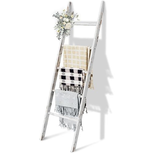 5-Tier Blanket Ladder Wooden, 5.3FT(63'') Blanket Quilt Holder Rack Decorative Ladder, Easy Assembly, Rustic Farmhouse Ladder Shelf for The Living Room Bedroom Bathroom Home Decor, White Wash
