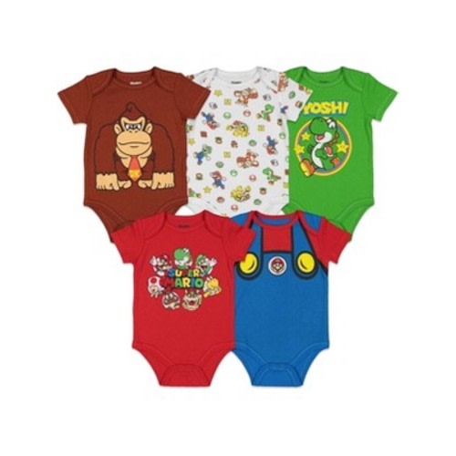 SUPER MARIO Nintendo Mario Yoshi Donkey Kong Toad Bowser Lugi  
 Newborn Baby Boys 5 Pack Short Sleeve Bodysuits, Color: Multicolored, Size: 3-6 months