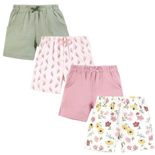Hudson Baby Infant Girls Shorts Bottoms 4-Pack, Soft Painted Floral, 0-3 Months