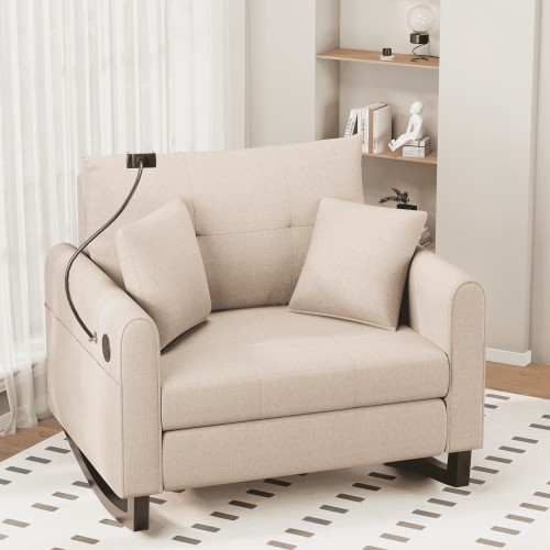 HOMREST Adult Double Wide Rocker Glider with Phone Handle and USB, Beige