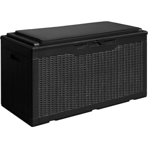 Devoko 100 Gallon Waterproof Large Resin Deck Box Outdoor Storage Box Indoor Lockable Storage Container with Cushion for Patio Furniture Garden Pool Cushions (Black)