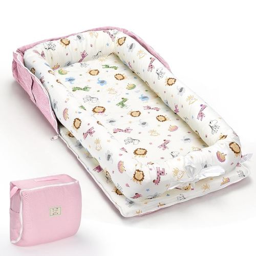 Baby Lounger for Newborn, Huggynest Portable Infant Lounger for 0-12 Months Newborn, Home Travel Dual-Purpose Baby Nest (Animal World Pink)