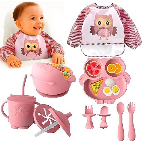 Gianni Silicone Baby Feeding Set 6-12 Months BPA-Free 10 PCS – Baby Suction Plate and Bowl set Utensils (Pink)