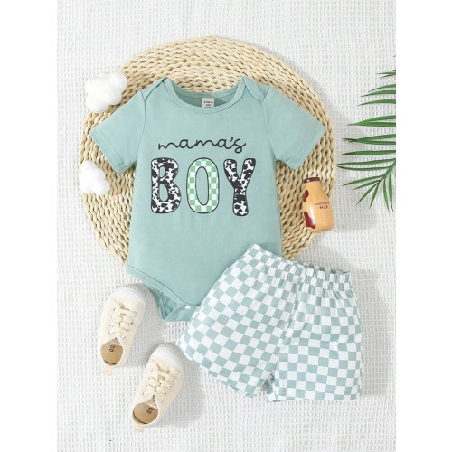 SHEIN Playful Pals Baby Boys' Fresh And Cute Green Plaid Printed Romper Set For Spring And Summer | SHEIN USA
