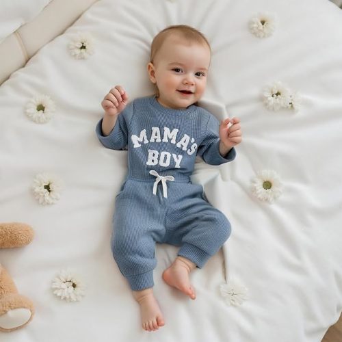 MERSARIPHY Newborn Baby Boy Fall Winter Clothes Mama's Boy Little Dude Outfit Embroidery Waffle Knit Romper Pants Sets