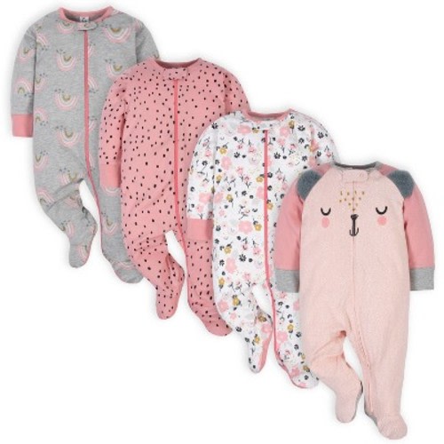 Gerber Baby Girls' Sleep 'n Plays with Mitten Cuffs - Bear - 0-3 Months - 4-Pack