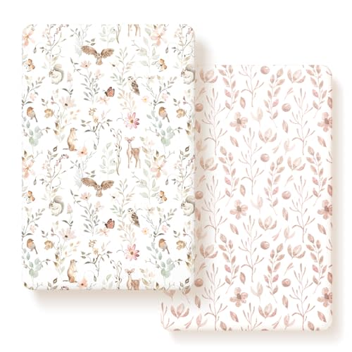 Pack n Play Sheets FItted 2 Pack, Stretchy Ultra Soft Jersey Knit Pack and Play Sheets, Universal Fitted Portable/Mini Crib Mattresses Snug and Safe, Beautiful Blush Pink Floral and Cute Animals Print