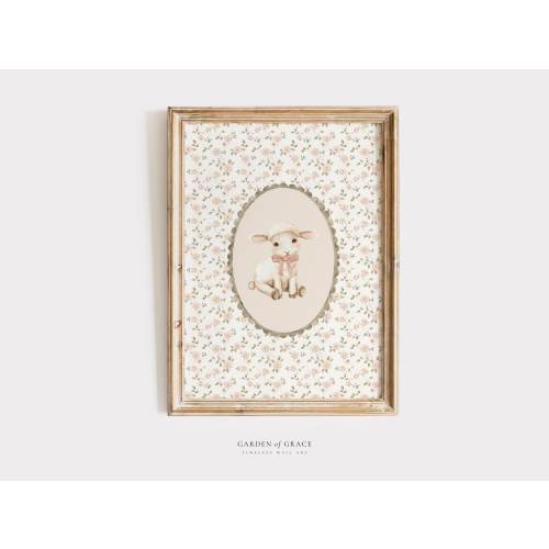 Cute Little Lamb with Bow Cottagecore Nursery Wall Art Print | Farmhouse Kid's Room Decor | Sage Green and Peachy Pink Vintage Sheep Prints