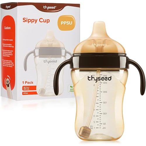 Thyseed Spill-Proof Weighted Straw Sippy Cup, Baby Transition Trainer, Soft Silicone Spout, BPA-Free, 6m+, 10 oz, 1 Pack